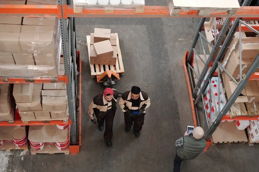 Warehouse aisle with outbound cartons, seen from above