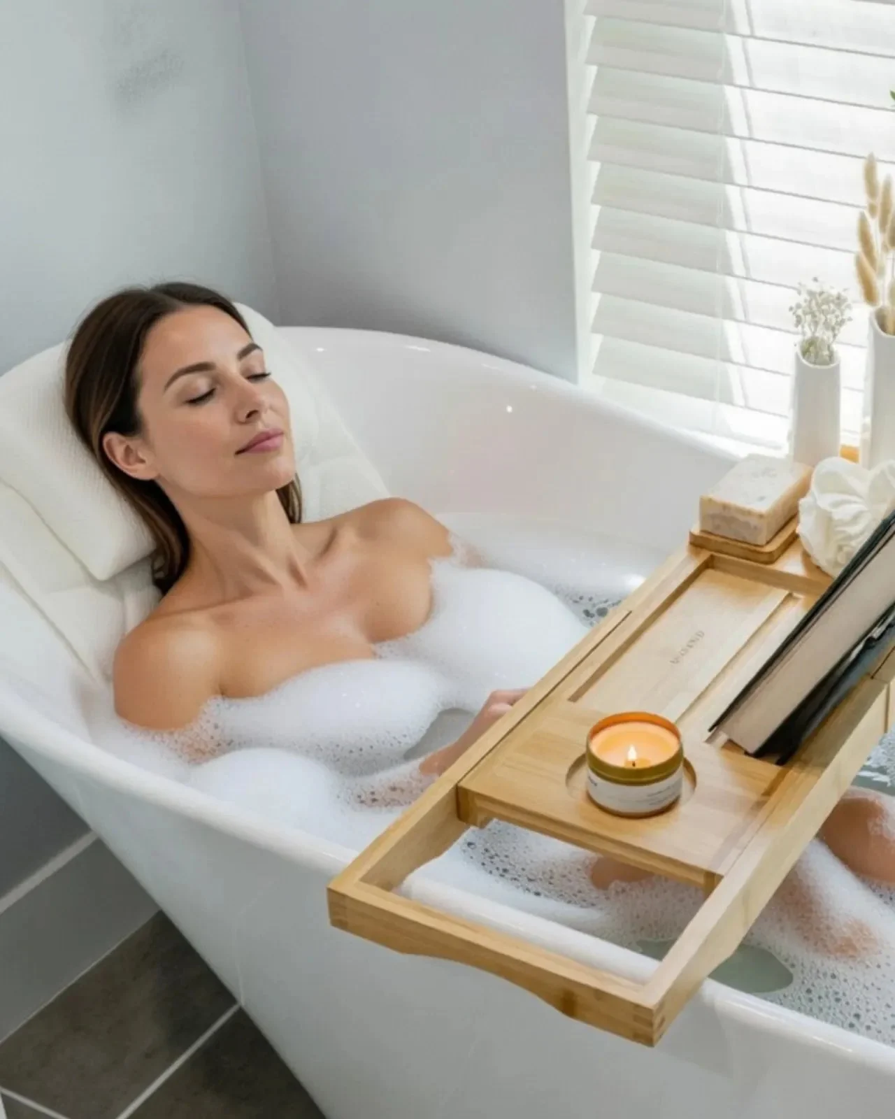 A quiet bath with a lit candle on a wooden tray