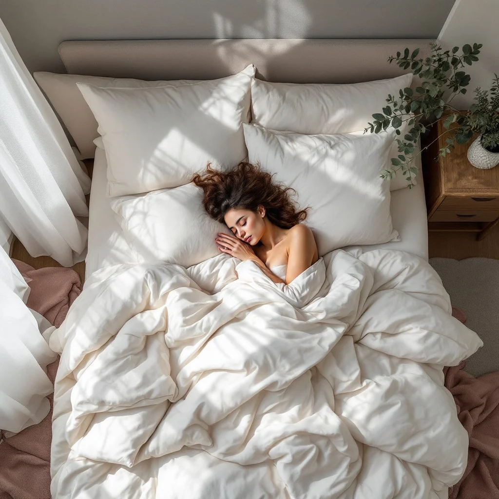 A woman resting in a bright, sunlit bed